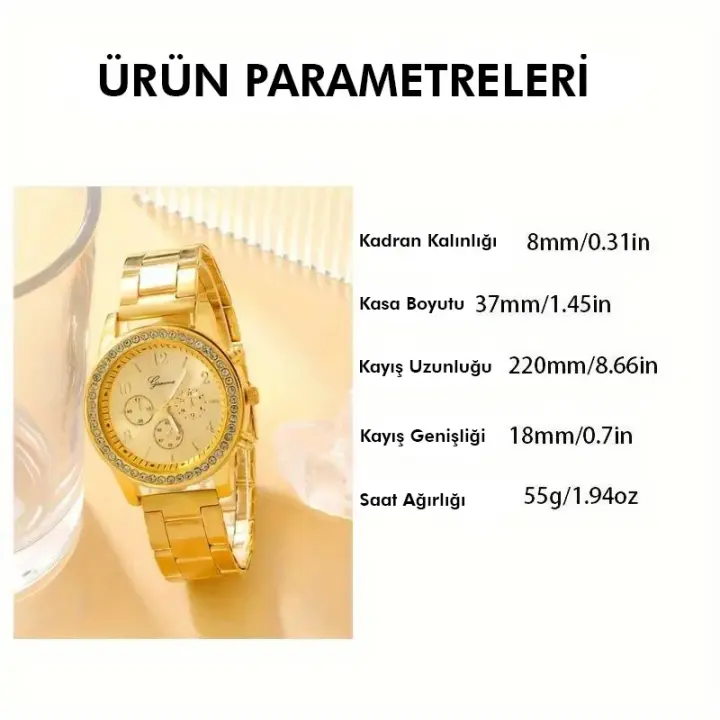 Kelebek Bileklik ve Altın Renk Taşlı Kuvars Saat Seti