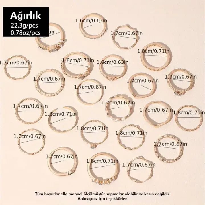 23 Parça Geometrik Tasarımlı Çok Şık Yüzük Seti