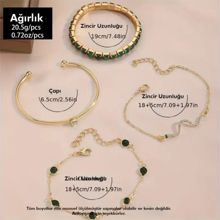 4 Parça Yeşil Taşlı Iced Out Bileklik Seti