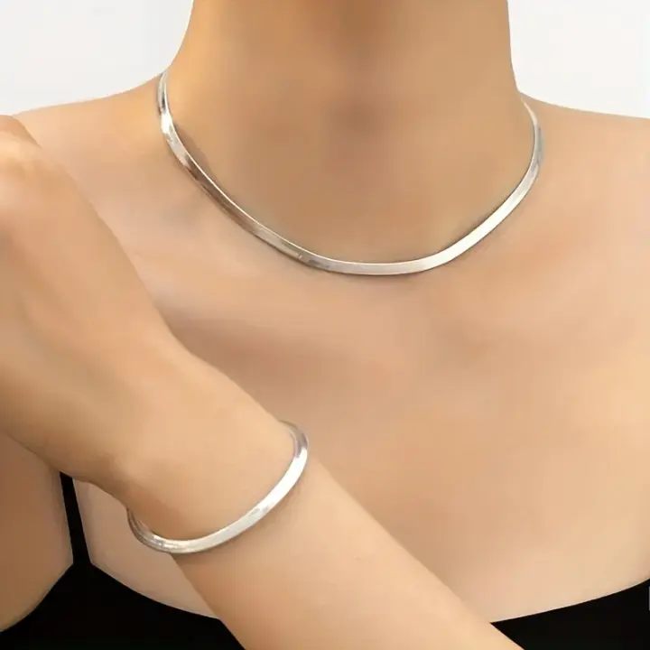 Trendy Minimalist Gümüş Renk Yılan Zincir Takı Seti