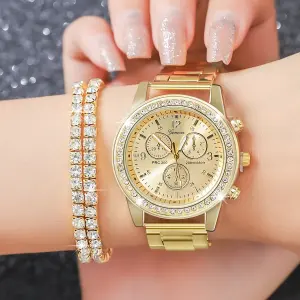 Altın Renk Çinko Alaşım Kuvars Saat ve 2 Adet Taşlı Bileklik