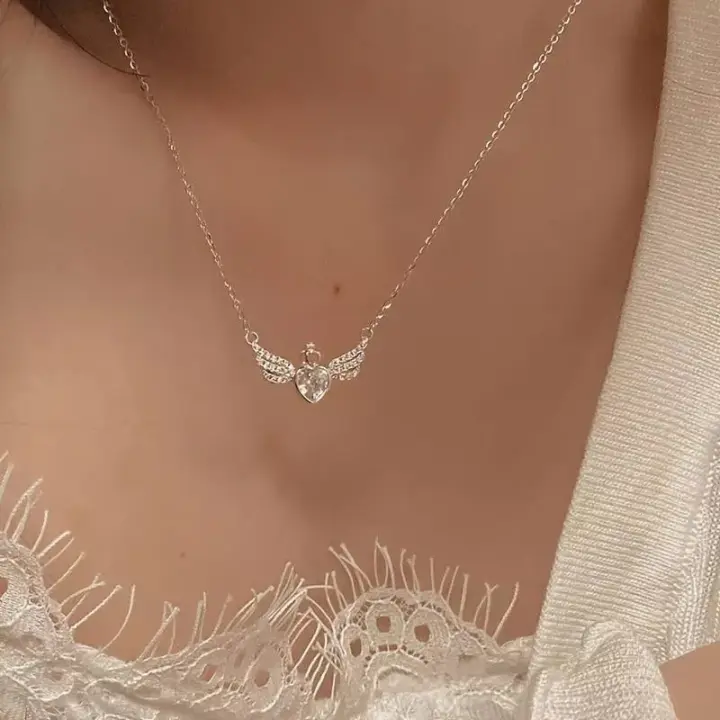 Melek Kanatlı Sentetik Taş Kalp Kolye